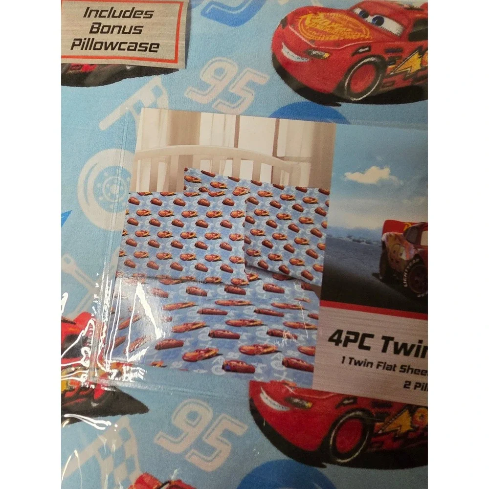 Disney Pixar Cars Lightning McQueen 4PC Twin Sheet Set Blue Red Racing Bedding